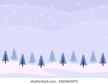 Winter landscape with snowflakes, snowfall, and pine trees. Winter landscape background design for christmas, greeting card, postcard, invitation, poster. Snowy winter scene vector illustration