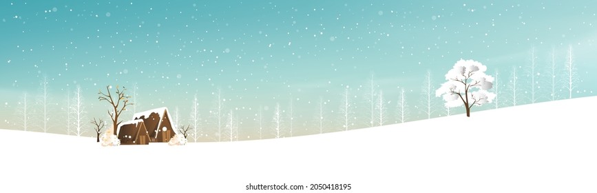 Winter landscape with snowing covering forest pine tree and mountains, Panoramic Winter wonderland with farm house in village,Vector Horizontal banner for Christmas holiday or New year 2023 background