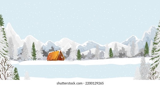 Winter landscape with snowing covering forest pine tree and mountains on blue sky, Panoramic Winter wonderland with farm house in village,Vector Horizontal banner for Christmas or New year background