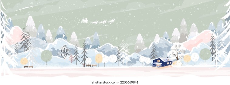 Winter landscape with snowing covering forest pine tree and mountains, Panoramic Winter wonderland with farm house in village,Vector Horizontal banner for Christmas holiday or New year 2023 background