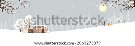 Winter landscape with snowing covring,Vector illustration  wonderland farm house in village with forest pine tree and branches without leaves.Horizontal banner for Christmas holiday or New year 2022