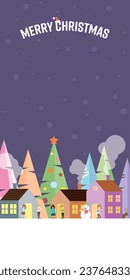 Winter landscape in snowland at night with people having fun in town geometric shape vector illustration. Merry Christmas and Happy New Year greeting card vertical template have blank space.