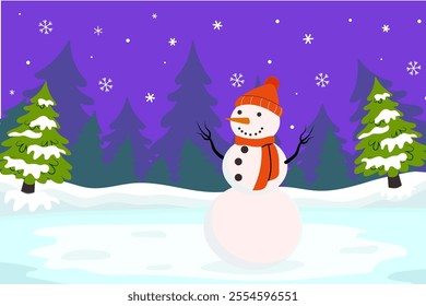 Winter landscape with a snowman against a forest background, hand drawn, illustration in flat style