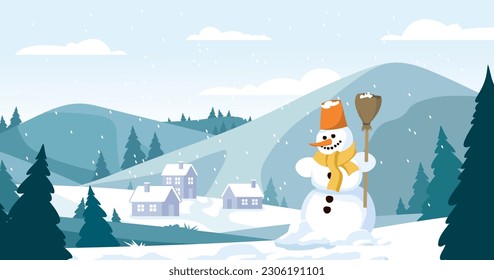 Winter landscape with snowman. Beautiful natural panorama with snowman with bucket on his head and broom in his hand. Mountains and houses on hills, Christmas trees. Cartoon flat vector illustration