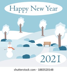 A winter landscape with a snowman, a bench and christmas lights. New Year 2021 christmas card for Instagram