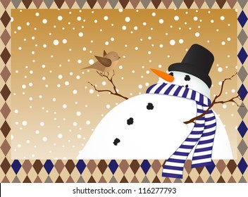 Winter landscape with a snowman with bird