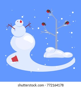 Winter landscape with a snowman and bird sitting on a tree in flat design. Vector illustration eps 10