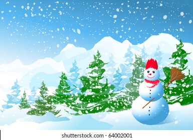 Winter landscape with a snowman and Christmas trees