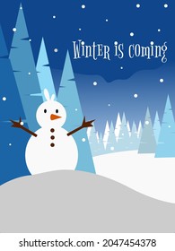 Winter Landscape and Snowman with Winter is coming typography. Vector Illustration. Flat design