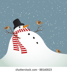 Winter landscape with a snowman covered with birds