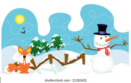 Winter landscape with snowman and fox