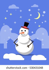 Winter landscape with a snowman with a hat in flat design in vector