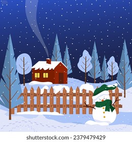 Winter landscape with a snowman, a house and snowy trees. snowy evening, smoke from the chimney. Christmas illustration. Evening winter time. Vector. For packaging, cards, greetings and invitations