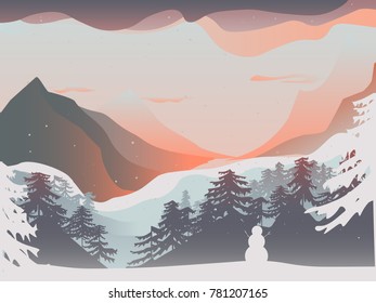 Winter Landscape With Snowman and Mountains