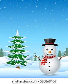 Winter landscape with snowman and pine trees