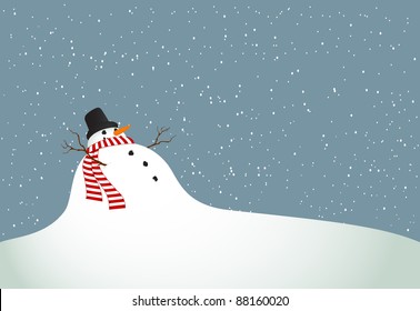 Winter landscape with a snowman with a scarf