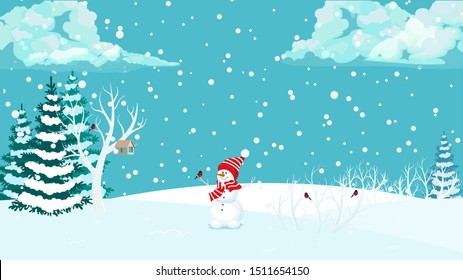 Winter landscape with a snowman with a scarf and bird sitting on his hand in flat design in vector