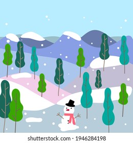 Winter landscape with snowman, sky, snow, mountain, pine tree, grass, trees. Christmas landscape with snow and snowman. Christmas vector.