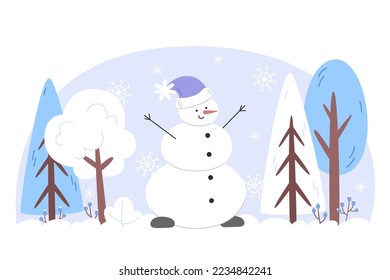 Winter landscape with a snowman in a snowy forest