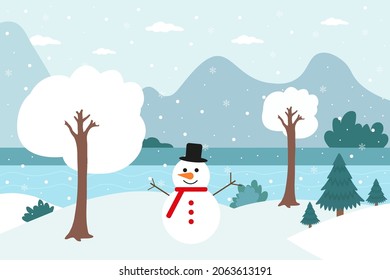 Winter. Winter landscape and snowman. Vector graphics