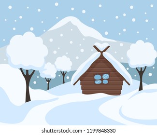 Winter landscape. Winter snowy background with house, mountains and trees. Cartoon flat vector illustration. 