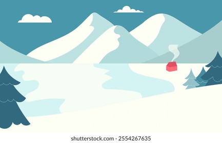 Winter landscape. Snowy background with mountains, river, cottage