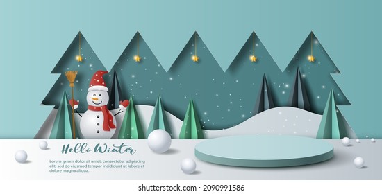 Winter landscape with snowy background, product banner, podium platform with geometric shapes and snowman, paper illustration, and 3d paper.