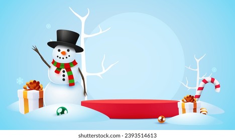 Winter landscape with snowy background, product banner, podium platform with snowman and present boxes. Vector illustration