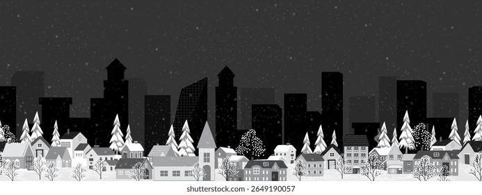 Paisagem de inverno com neve para fundo de Natal,Banner largo preto e branco da arte pop do céu noturno com estrelado em xmas na cidade,Vetor Sem emenda padrão desenho animado País das maravilhas de inverno para o Ano Novo 2026