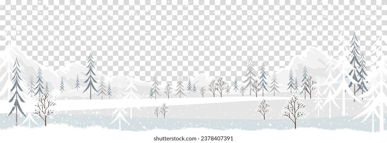 Winter landscape with snowy covered on mountain and forest tree on transparent background.Vector cartoon horizon Winter wonderland with blizzard with sunset,Christmas background,New Year banner