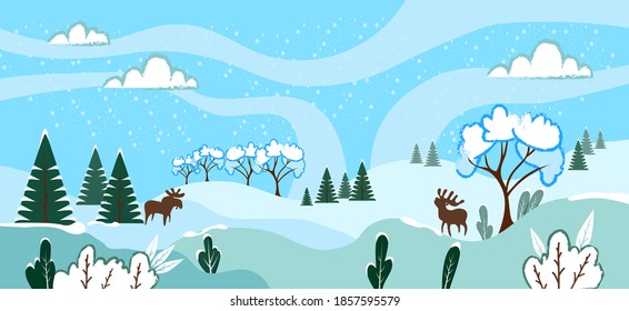 Winter landscape with snowy fields and fir trees. Deer in the winter forest. Christmas background. Vector illustration.