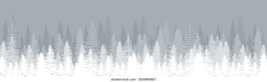 Winter landscape with snowy fir forest. Pines. Set of Pine, Spruce and Christmas Tree. Forest background. Panorama view. Vector illustration