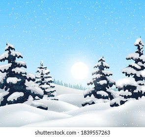 Winter landscape with snowy forest and birds, vector illustration.