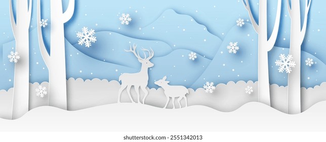 Winter landscape of snowy forest and deer. Winter landscape. paper cut and craft style. vector, illustration.