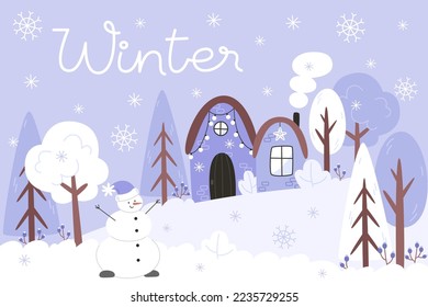 Winter landscape with a snowy forest, house and snownan in a flat style