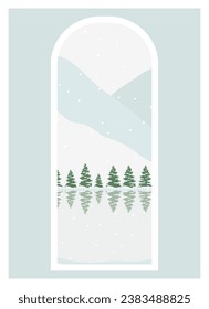 Winter landscape with snowy forest and lake view. Mountains panorama, minimalist wall decor