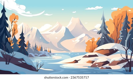 Winter landscape with snowy forest, vector illustration