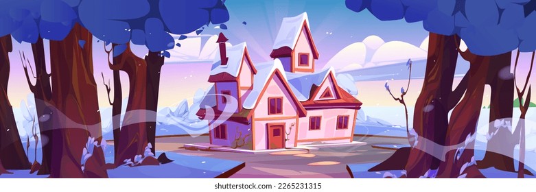 Winter landscape with snowy forest and village house. Nature scene with countryside cottage under white snow, garden with trees and bushes, vector cartoon illustration