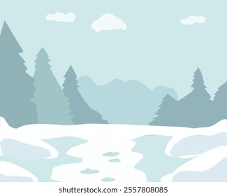 Winter landscape with snowy ground, pine trees, and a serene atmosphere. Beautiful nature scene featuring snow-covered surroundings, a peaceful forest, and clear skies in a cold winter day