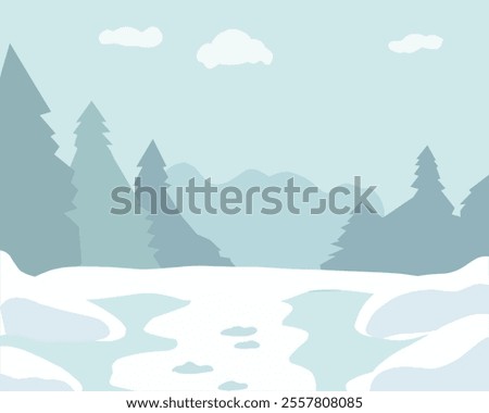 Winter landscape with snowy ground, pine trees, and a serene atmosphere. Beautiful nature scene featuring snow-covered surroundings, a peaceful forest, and clear skies in a cold winter day