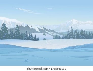 Winter landscape, snowy hills against the background of forest and mountains, created by imagination in the format of vector graphics.