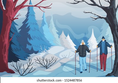 Winter landscape with snowy hills, bushes, trees and firs. Senior couple hiking and nordic walking in park. Vector illustration