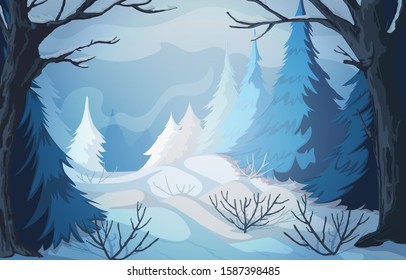Winter landscape with snowy hills, bushes, trees and firs. Vector illustration