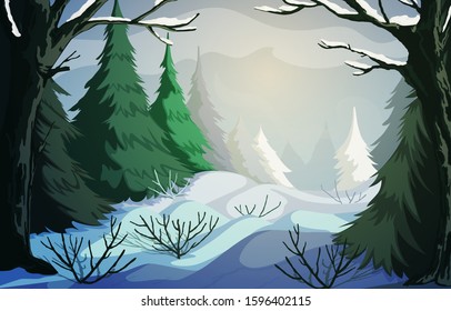 Winter landscape with snowy hills, bushes, trees and firs. Vector illustration