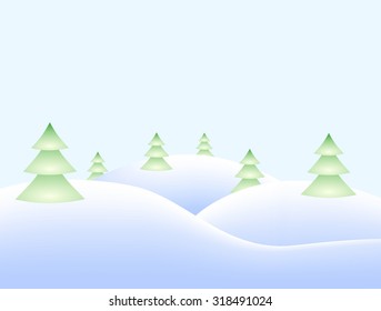 Winter landscape with snowy hills and snowy coniferous trees