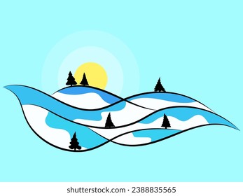 Winter landscape with snowy hills and fir trees. Landscape in line art style. Mountain sunrise in a minimalist style. View of the snowy hills. Design for poster and banner. Vector illustration