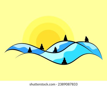 Winter landscape with snowy hills and fir trees. Landscape in line art style. Mountain sunrise in a minimalist style. View of the snowy hills. Design for poster and banner. Vector illustration