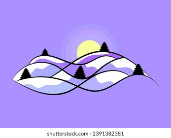 Winter landscape with snowy hills and fir trees. Landscape in line art style. Mountain sunrise in a minimalist style. View of the snowy hills. Design for poster and banner. Vector illustration