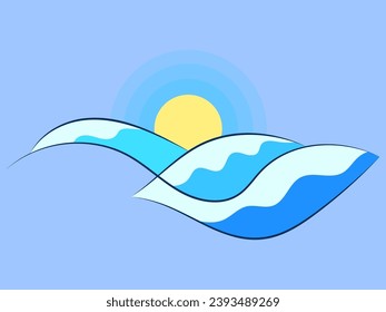 Winter landscape with snowy hills in line art style. Mountain sunrise in a minimalist style. View of the snowy hills. Design for posters, banners and promotional products. Vector illustration