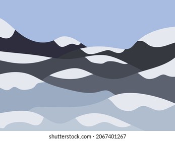 Winter landscape with snowy hills. Mountain landscape in a flat style, winter cold weather. View of the snow-capped hills. Design for prints and posters, promotional items. Vector illustration
